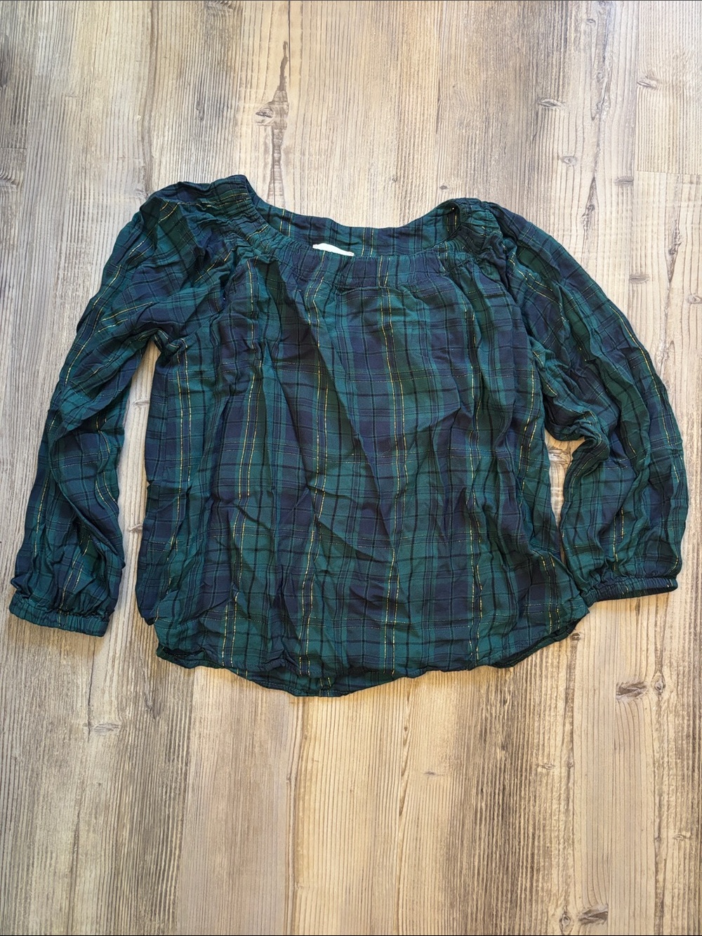 LOFT Green and Navy Plaid Long-Sleeve Peasant Top